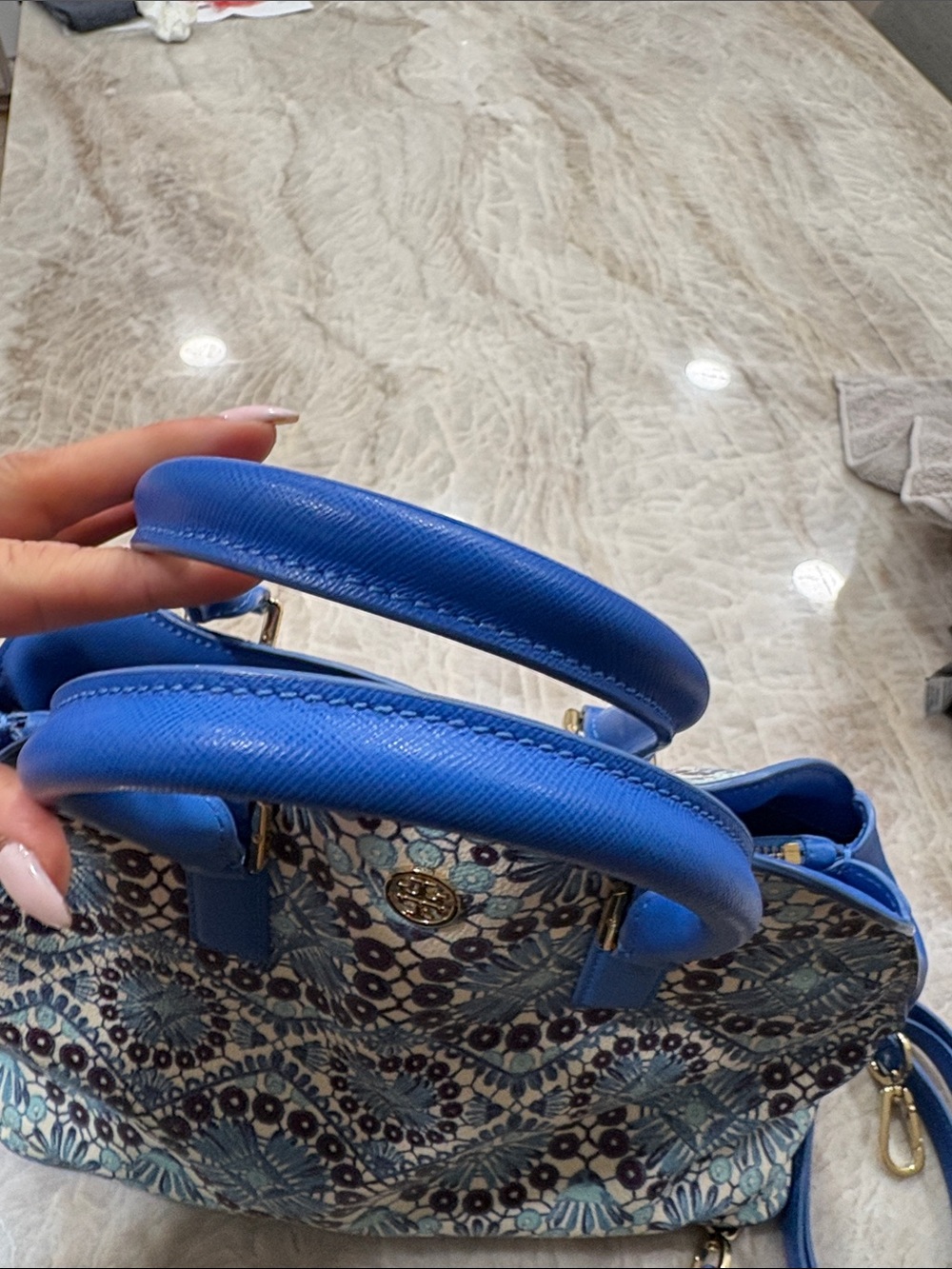 Tory Burch Blue Floral Geometric Dome Satchel with Removable Strap - Picture 7 of 8